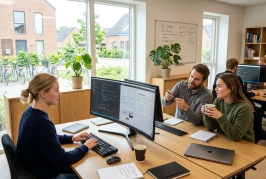 Skandinavisk webbureau i daugård med team ved computer og digitale dashboards