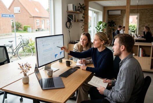 Dansk team arbejder med webdesign og digital strategi på kontor i davinde