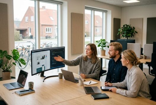 Skandinavisk team arbejder med digital strategi på kontor i demstrup