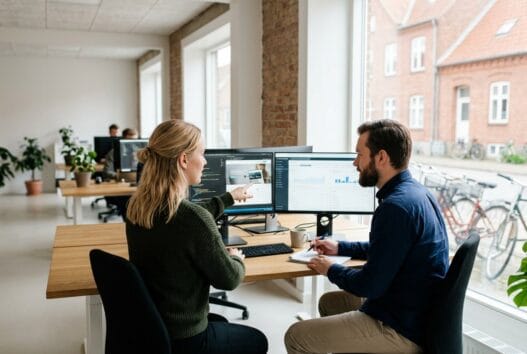 Skandinavisk webbureau i Dianalund med team ved computer og digitale dashboards