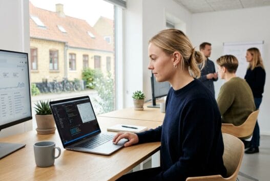 Dansk webbureau i dråby med team ved computer og digitale dashboards i moderne kontor