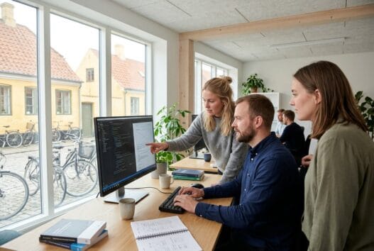 Moderne webbureau i Dragør med dansk team, der arbejder ved computer med digitale løsninger