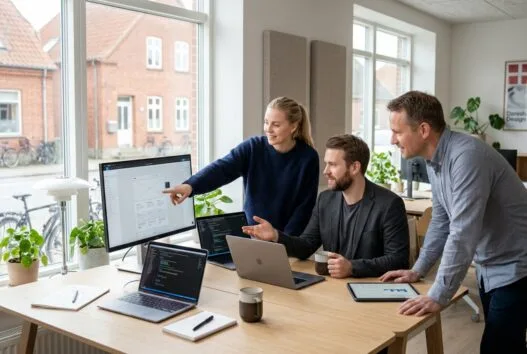 Skandinavisk webteam arbejder ved computer i dronninglund med design, kode og digitale dashboards