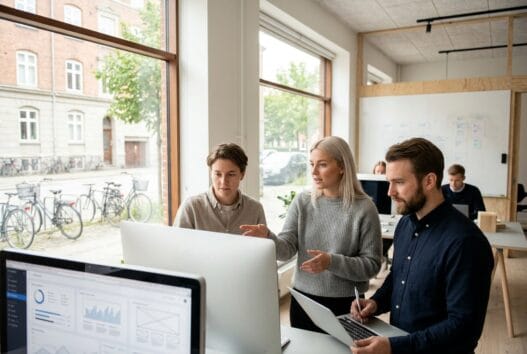 Skandinavisk team arbejder med webdesign og digitale strategier i et moderne kontor i Dybbøl