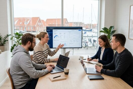 Skandinavisk team arbejder med webdesign og data på kontor i dyreborg