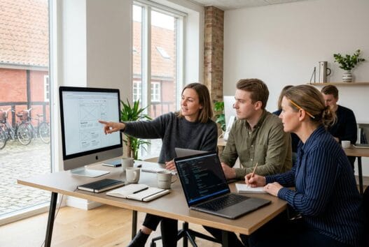 Skandinavisk webbureau i Ebberup med medarbejdere, der arbejder med digitale løsninger ved computere