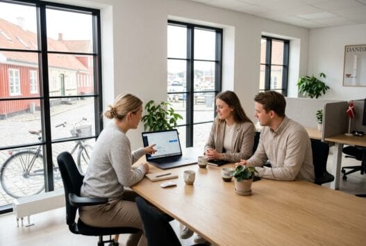 Moderne webbureau i Ebeltoft med dansk team foran skærme og digitale dashboards