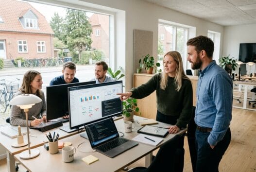 Moderne kontor med dansk webbureau i egebæk, hvor et team arbejder med digital marketing og webdesign