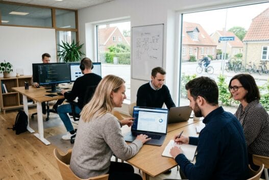 Realistisk kontormiljø med webbureau i egebjerg (4500), hvor et team arbejder med digital udvikling og SEO