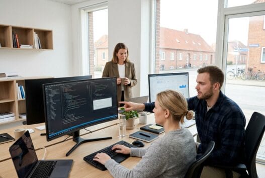 Skandinavisk team arbejder med webdesign og data i et moderne kontor i egebjerg (8700)