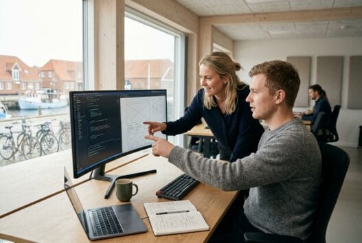 Dansk webbureau i Egense med team foran computer og dashboards i et lyst, moderne kontor
