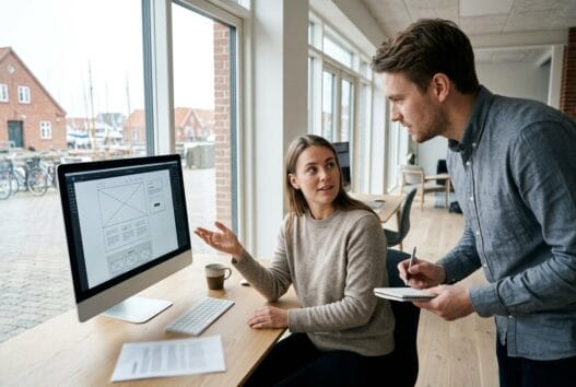 Moderne webbureau i Egernsund med danske medarbejdere, der arbejder med digital markedsføring ved computere