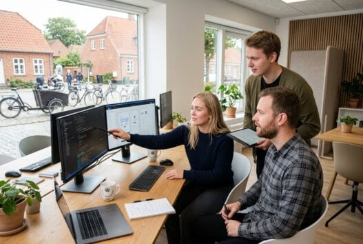 Moderne webbureau i Egeskov med dansk team foran skærme og digitale dashboards