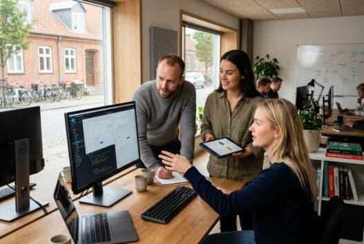 Realistisk kontor med skandinavisk team, der arbejder med webdesign og SEO i eggeslevmagle