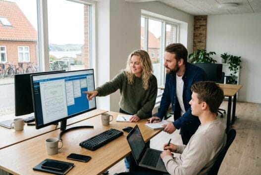 Skandinavisk webbureau i egsmark med team ved computer og digitale dashboards