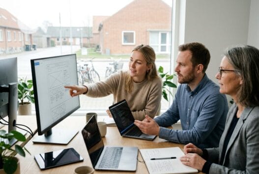 Moderne webbureau i egtved med danske medarbejdere, der arbejder ved computer i lyst kontormiljø