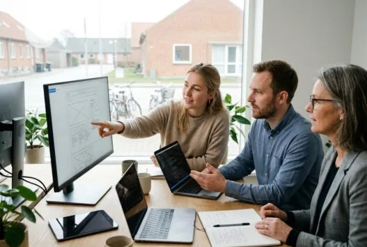 Moderne webbureau i egtved med danske medarbejdere, der arbejder ved computer i lyst kontormiljø