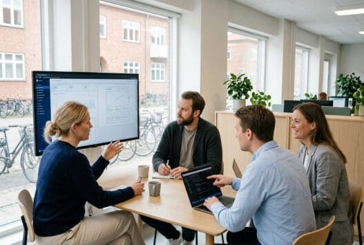 Webbureau i Ejby (4070) med team ved computer i moderne skandinavisk kontor