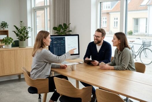 Dansk webbureau i ejby (4623) med team ved computer i moderne kontormiljø