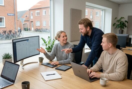 Skandinavisk webbureau i Ejlstrup med team ved computer og dashboards i moderne kontor