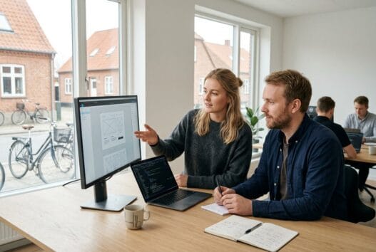 Skandinavisk webbureau i Ejstrupholm med team ved computere og digitale dashboards