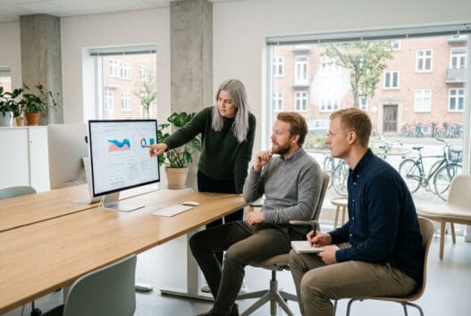 Dansk webbureau i elev med team ved computere og digitale dashboards