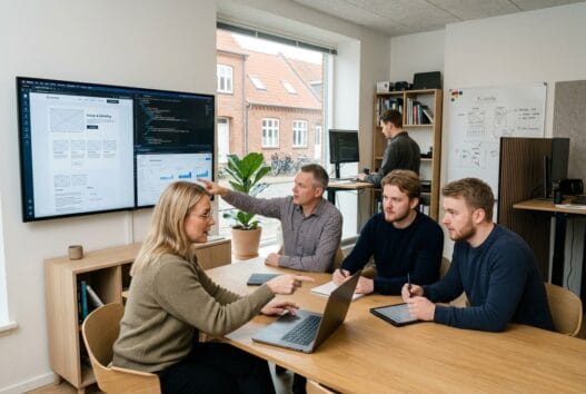 Skandinavisk team arbejder med webdesign og dashboards i et moderne kontor i Ellidshøj