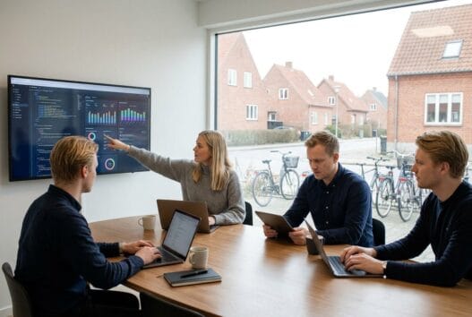 Dansk webbureau i elling med team, der arbejder med digitale løsninger foran skærme