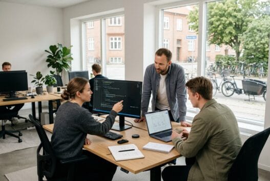 Professionelt webbureau i Endrup med danske medarbejdere foran computerskærme og digitale dashboards