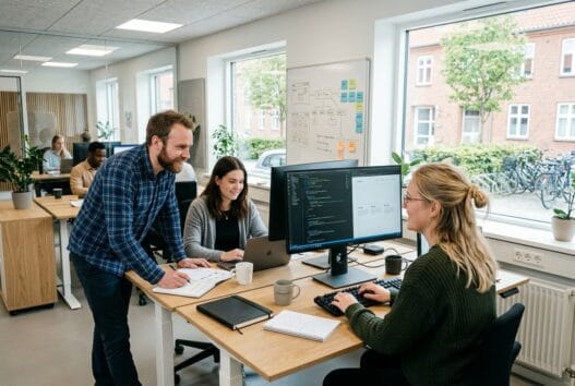Moderne webbureau i Engesvang med dansk team, der arbejder med design, kode og digitale dashboards