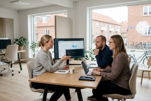 Moderne webbureau i Englerup med dansk team, der arbejder med digital strategi og skærmdashboards