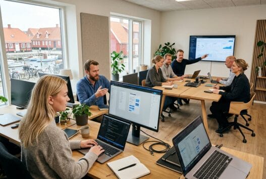 Dansk webbureau med team ved computer og dashboards i enø by