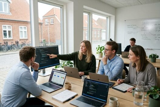 Moderne webbureau i enslev med dansk team, der arbejder ved computere og gennemgår digitale løsninger