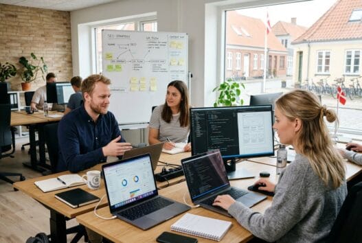 Skandinavisk webbureau i Errindlev med team, der arbejder ved computer med digitale dashboards