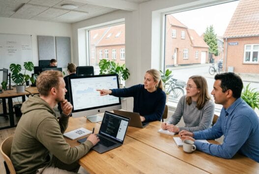 Skandinavisk team arbejder med webdesign og digitale analyser på et moderne kontor i Erslev