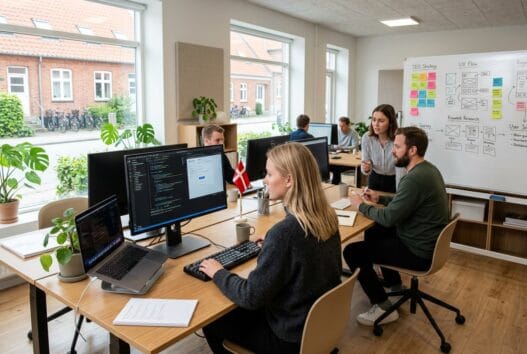 Skandinavisk webteam arbejder ved computere i esbønderup med digitale dashboards og naturligt lys