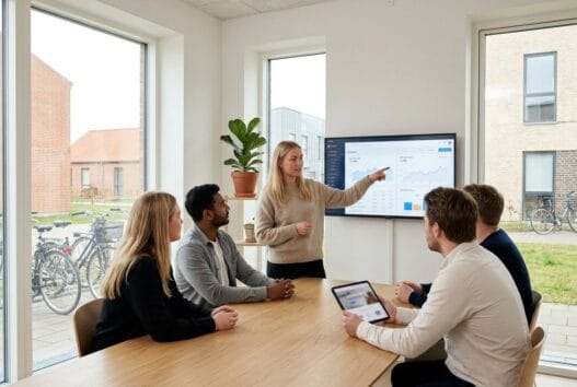 Skandinavisk webbureau i Esbonderup Kohave med team ved computer og digitale dashboards