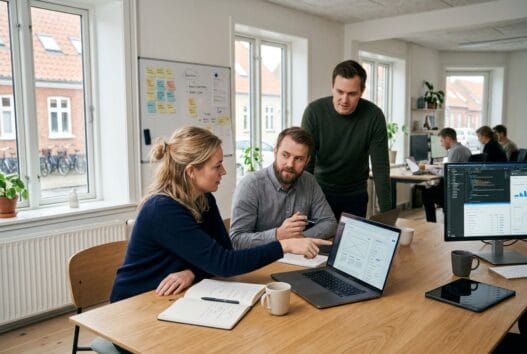Moderne webbureau i Eskilstrup med danske medarbejdere, der arbejder med digital strategi ved computere
