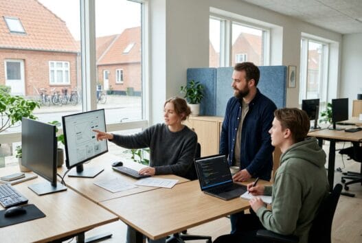 Moderne webbureau i espe med dansk team foran dashboards og computerarbejde