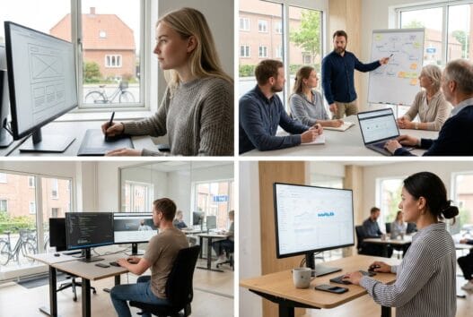 Moderne webbureau i Espergaerde med dansk team, skærme og digitalt arbejde i lyst kontor