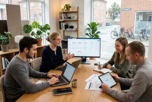 Et moderne webbureau i esrum med skandinaviske medarbejdere foran skærme og digitale dashboards