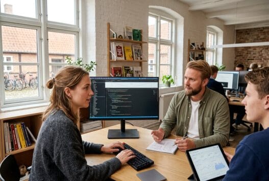 Skandinavisk team arbejder med webdesign og data i et moderne kontor i Everdrup
