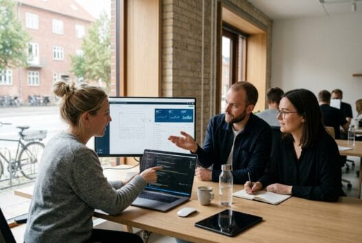 Skandinavisk webteam arbejder ved computerskærme i et moderne kontor i evetofte