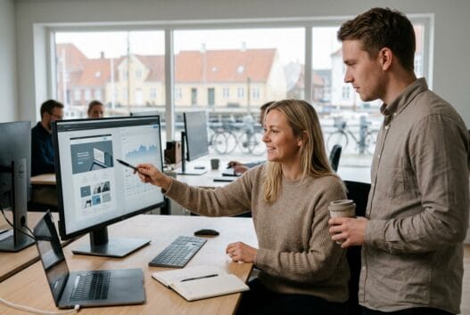 Moderne webbureau i faaborg med dansk team, laptop og digitale dashboards i lyst kontormiljø