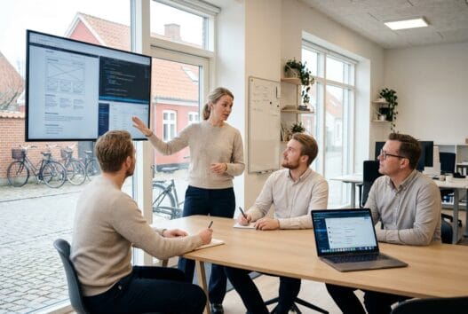 Moderne webbureau i Fårevejle Kirkeby med dansk team, skærme og digitale analyser