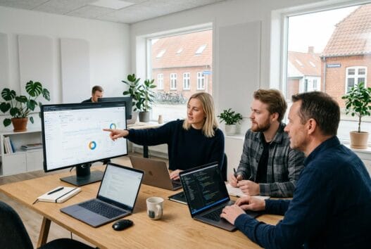 Moderne webbureau i fårevejle stationsby med danske kolleger foran computere og digitale dashboards