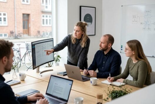 Moderne webbureau i Faarhus med dansk team, der arbejder med skærme, data og digital strategi