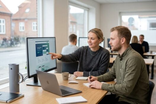Moderne webbureau i Faarup med danske medarbejdere ved computer og digitale dashboards