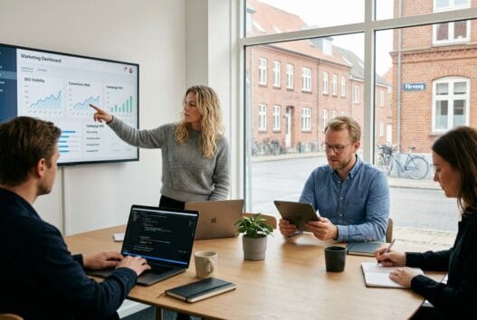 Skandinavisk webbureau i fårvang med team ved computer og digitale dashboards