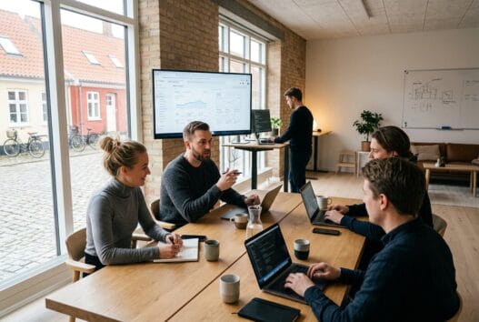 Skandinavisk team arbejder med webdesign og SEO på kontor i Faldsled